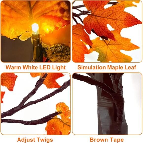 2 Pack 24" Prelit Fall Maple Tree,‎ 48 LEDs, 3D Pumpkin Lights, Battery Operated - Picture 4 of 7